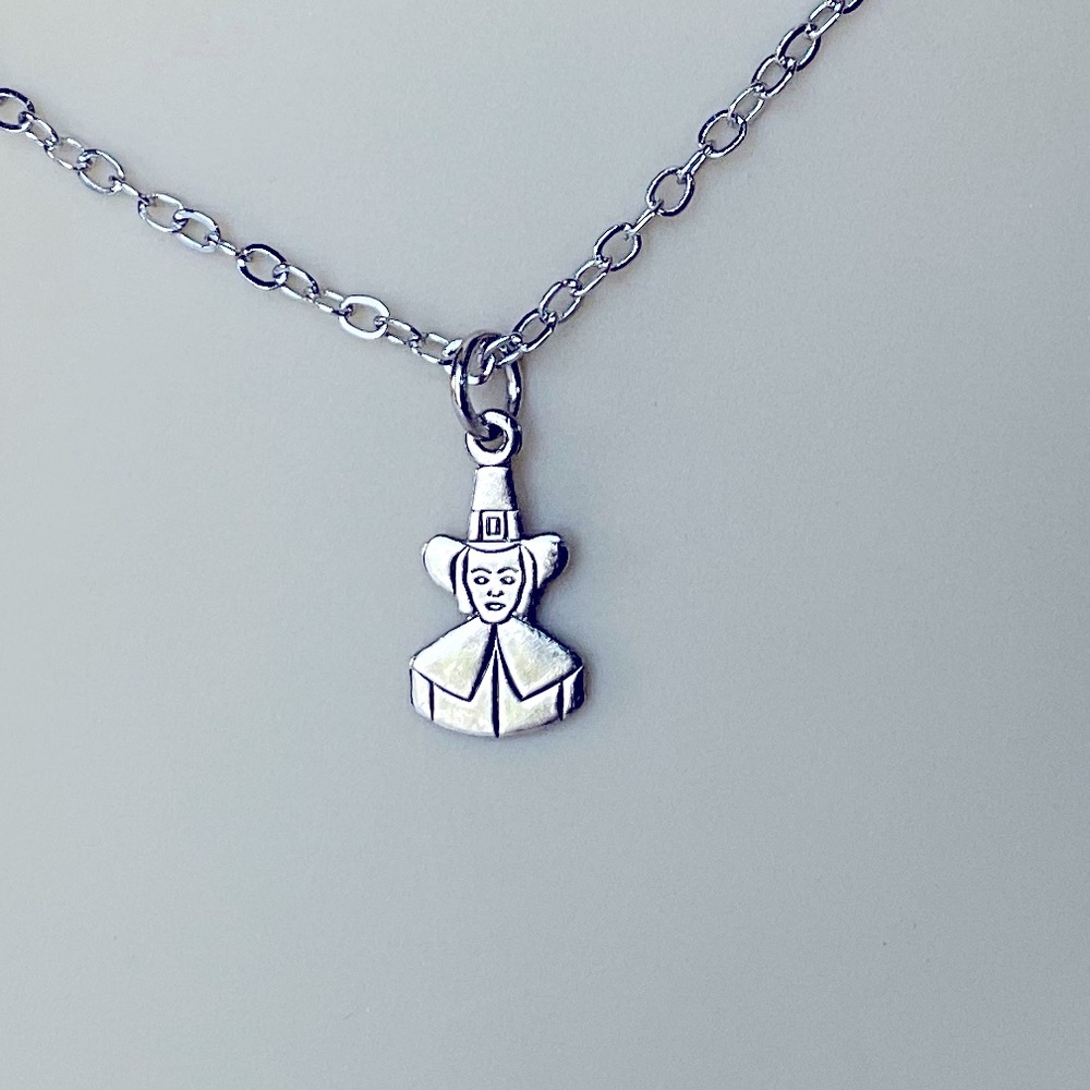 Pilgrim Charm Necklace, Handmade, Silver Plated, Minimalist Thanksgiving, Retro